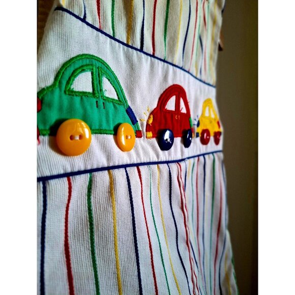 Vintage 80s 90s Toddler Striped Overalls with Car Appliqué & Button Closures - Picture 2 of 11